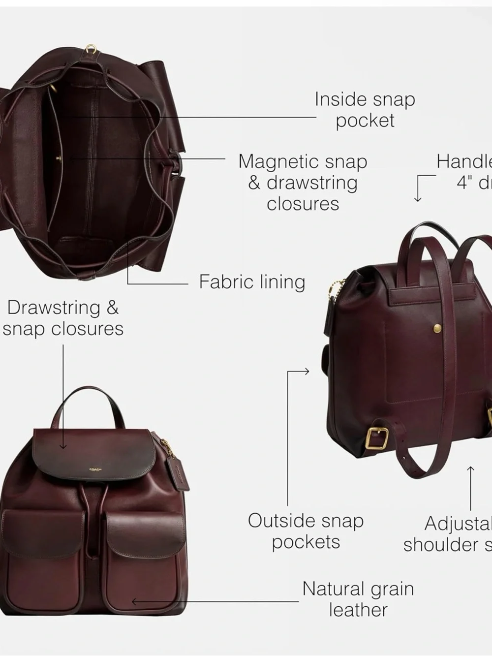 Coach Crosby Leather Backpack in Deep brown with Gold Accents